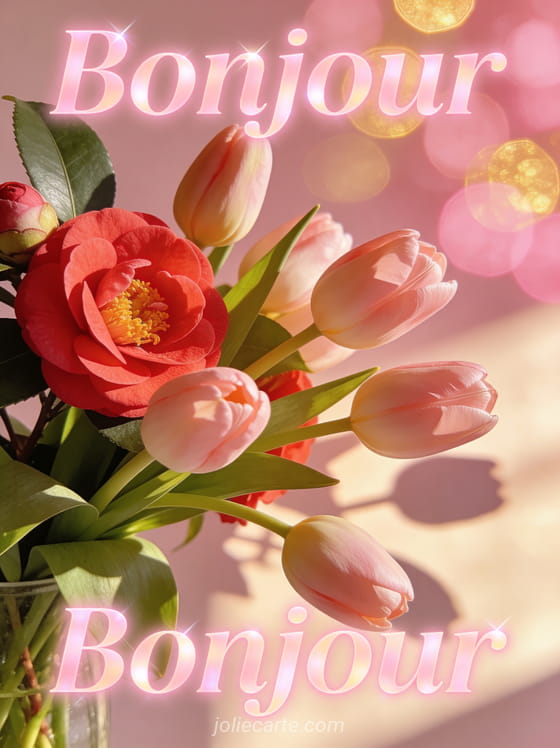 Bouquet de tulipes en gros plan avec camélias rouges, lumière douce latérale et pétales qui s'ouvrent, bokeh rose et doré avec le texte Bonjour