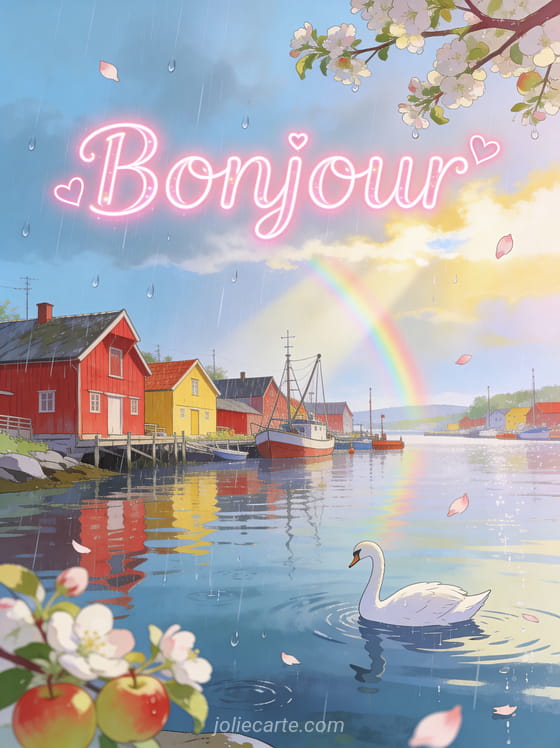 Cygne blanc sur l'eau d'un port scandinave avec maisons colorées, pommier en fleurs et pétales qui s'envolent avec le texte Bonjour