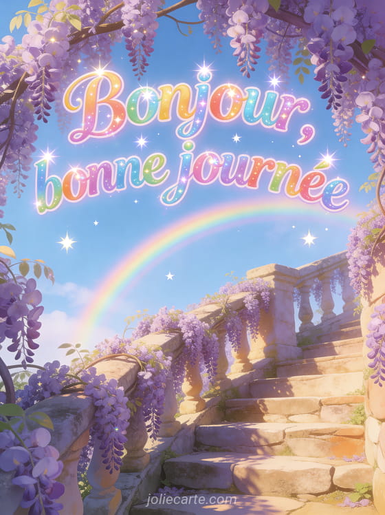 Escalier en pierre pittoresque couvert de glycine violette avec arc-en-ciel et lumière radieuse avec le texte Bonjour bonne journée