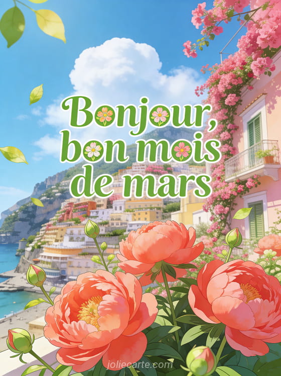 Côte amalfitaine ensoleillée avec bougainvilliers roses et pivoines corail sous un grand ciel bleu avec le texte Bonjour bon mois de mars