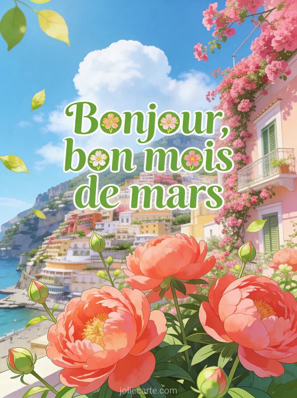 Côte amalfitaine ensoleillée avec bougainvilliers roses et pivoines corail sous un grand ciel bleu avec le texte Bonjour bon mois de mars