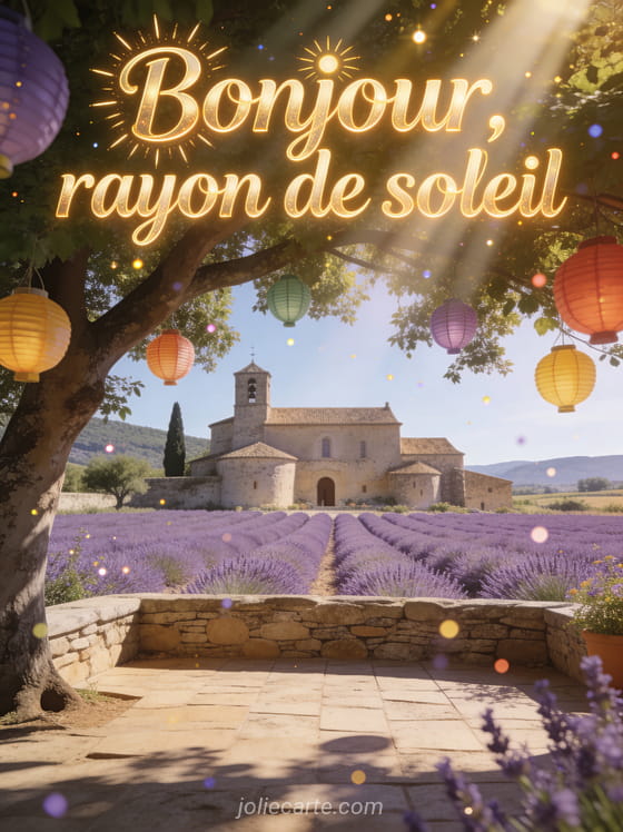 Mas provençal avec champs de lavande et platane, lampions colorés dans les branches et rayons de soleil dorés avec le texte Bonjour rayon de soleil