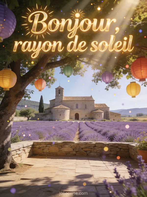 Mas provençal avec champs de lavande et platane, lampions colorés dans les branches et rayons de soleil dorés avec le texte Bonjour rayon de soleil