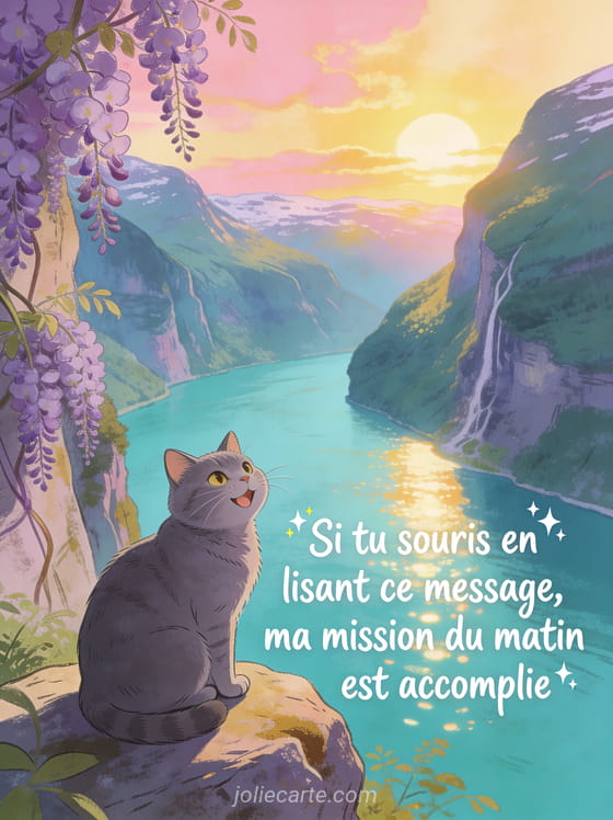 Fjord aux eaux turquoise, chat chartreux amusé assis sur un rocher, glycine mauve en cascade sur les falaises avec lever de soleil doré et le texte humoristique