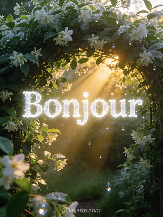 Tonnelle de jasmin avec feuillage vert dense, rosée matinale scintillante sur les fleurs et rayons de lumière dorée avec le texte Bonjour