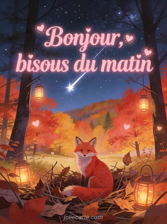 Renard roux assis dans les feuilles d'automne avec lanternes lumineuses et étoile filante dans un ciel étoilé avec le texte Bonjour bisous du matin