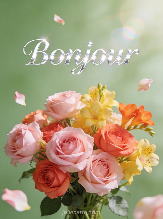 Bouquet de roses anglaises rose pâle et corail avec freesias jaunes et orangés, lumière douce du matin et pétales flottants avec le texte Bonjour