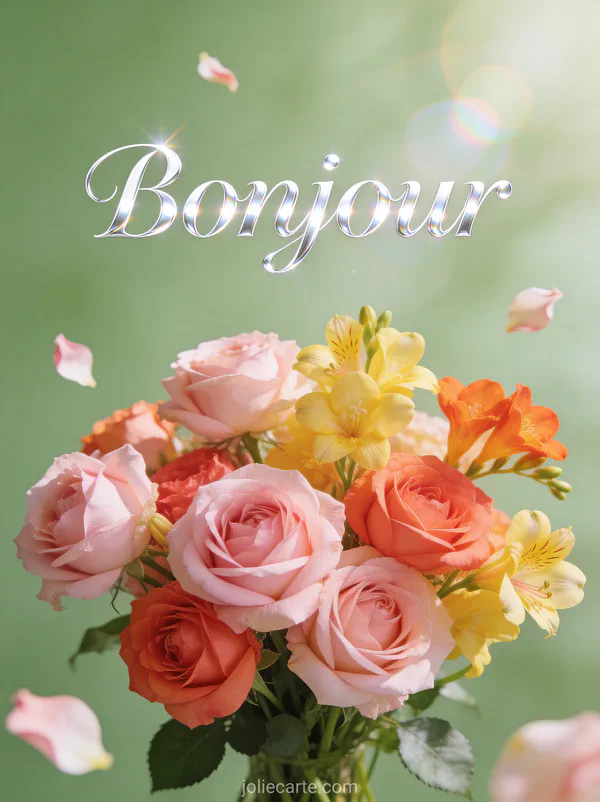 Bouquet de roses anglaises rose pâle et corail avec freesias jaunes et orangés, lumière douce du matin et pétales flottants avec le texte Bonjour