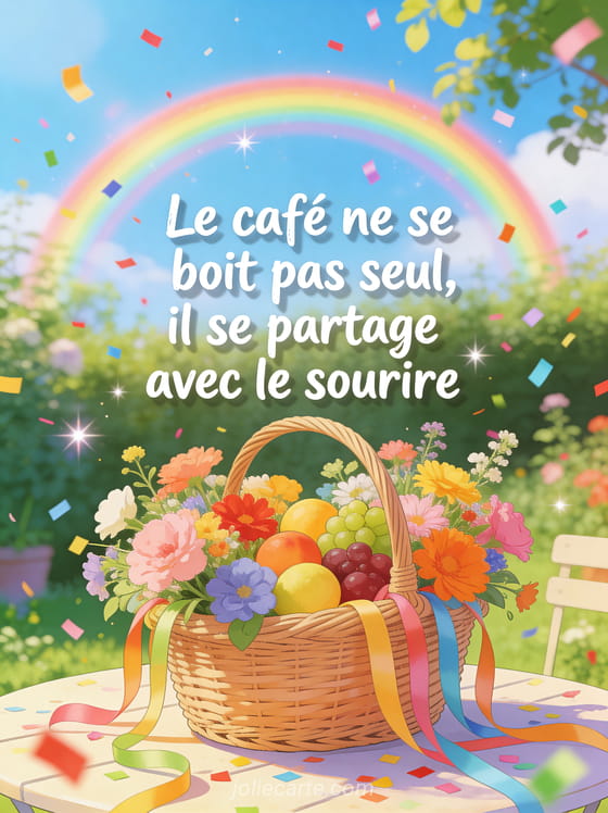 Panier en osier débordant de fleurs colorées sur une table de jardin avec double arc-en-ciel et confettis flottants