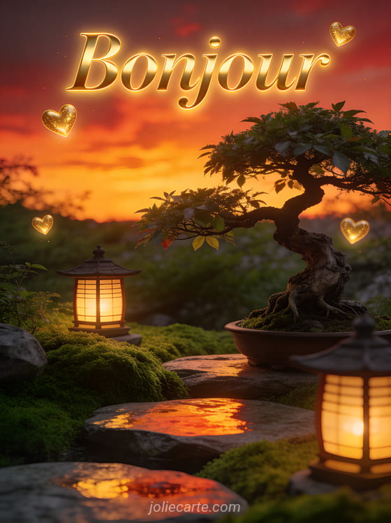 Jardin zen avec bonsaï ancien et mousse verte, coucher de soleil flamboyant orangé, cœurs dorés flottants et lanternes japonaises avec le texte Bonjour