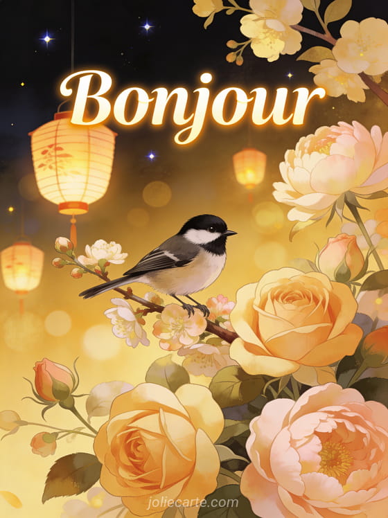 Mésange charbonnière perchée sur une branche fleurie avec roses et pivoines et lanternes japonaises flottantes en arrière-plan