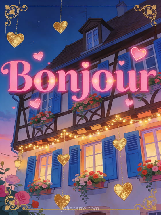 Maison à colombages fleurie avec volets bleus, géraniums et guirlandes lumineuses avec cœurs dorés et le texte Bonjour