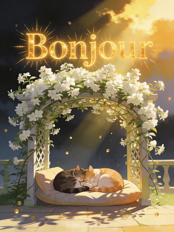 Tonnelle de jasmin blanc baignée de soleil, deux chats dormant enlacés sur un coussin, lumière chaude et particules dorées dans l'air avec le texte Bonjour