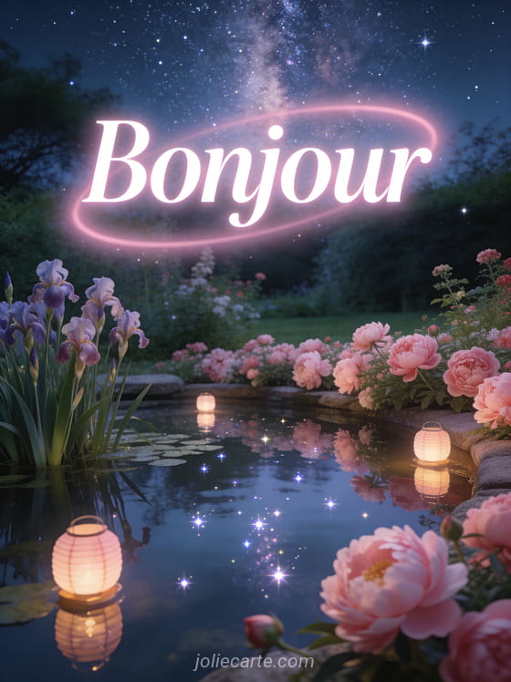 Bassin de jardin avec iris d'eau et pivoines roses, lanternes flottantes sous un ciel étoilé féerique avec le texte Bonjour