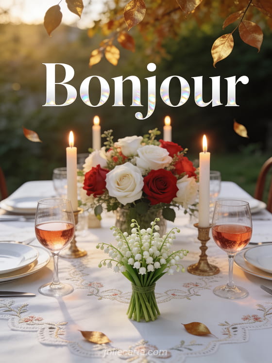 Bouquet de muguet frais avec roses blanches et rouges, bougies allumées et verres de vin rosé sur nappe blanche brodée