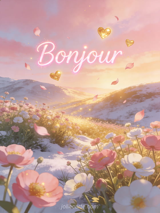Vallée fleurie au lever du soleil avec prairies de fleurs sauvages, renoncules roses et blanches, cœurs lumineux et pétales emportés par la brise avec le texte Bonjour