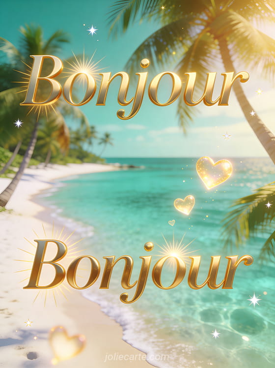 Plage de sable blanc paradisiaque avec cocotiers, eau turquoise cristalline et cœurs lumineux flottants avec le texte Bonjour
