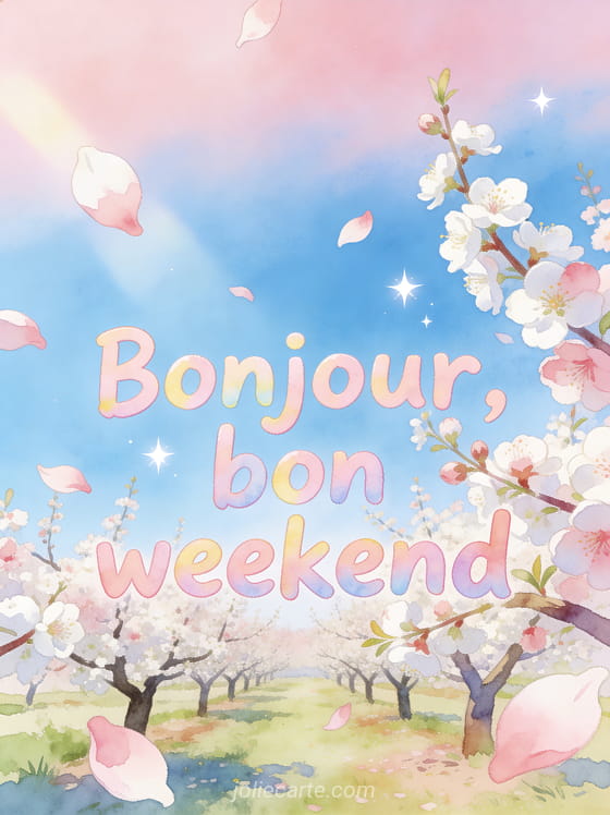 Verger de pruniers en fleurs sous un ciel pastel rose et bleu avec pétales blancs et roses flottants avec le texte Bonjour bon weekend