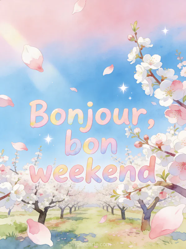 Verger de pruniers en fleurs sous un ciel pastel rose et bleu avec pétales blancs et roses flottants avec le texte Bonjour bon weekend