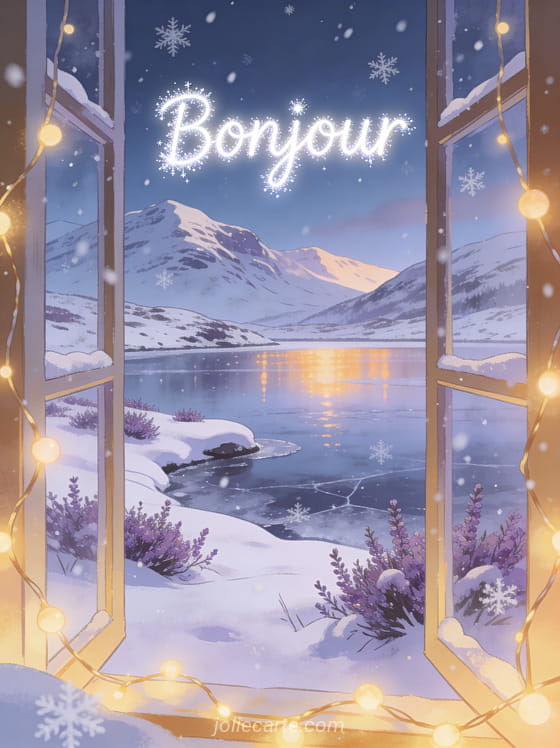 Loch écossais enneigé avec bruyère violette, montagnes couvertes de neige et guirlandes lumineuses dorées avec flocons tombant doucement