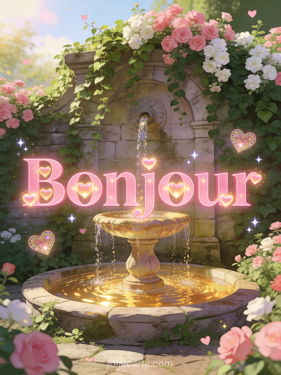 Fontaine ancienne en pierre couverte de lierre et fleurs grimpantes roses, eau jaillissante avec reflets dorés et cœurs décoratifs flottants avec le texte Bonjour