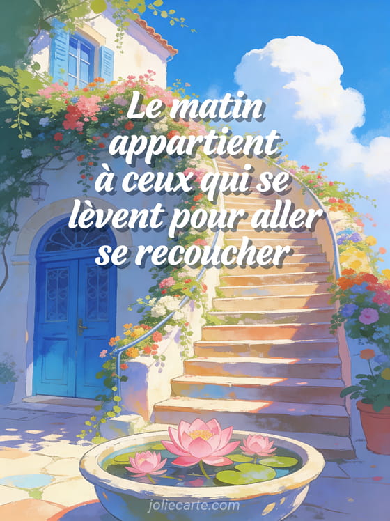 Escalier fleuri méditerranéen montant vers une porte bleue avec fleurs de lotus roses dans un bassin et ciel bleu radieux