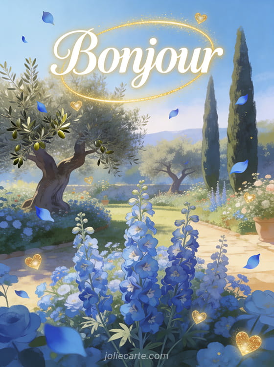 Jardin méditerranéen fleuri avec oliviers centenaires et cyprès, delphiniums bleus majestueux, cœurs dorés et pétales flottants avec le texte Bonjour