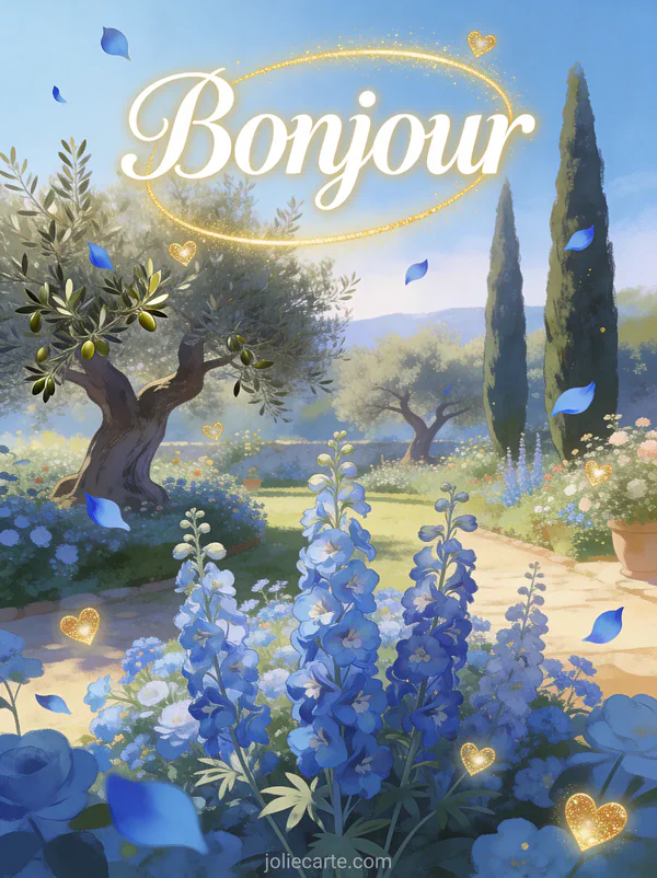 Jardin méditerranéen fleuri avec oliviers centenaires et cyprès, delphiniums bleus majestueux, cœurs dorés et pétales flottants avec le texte Bonjour
