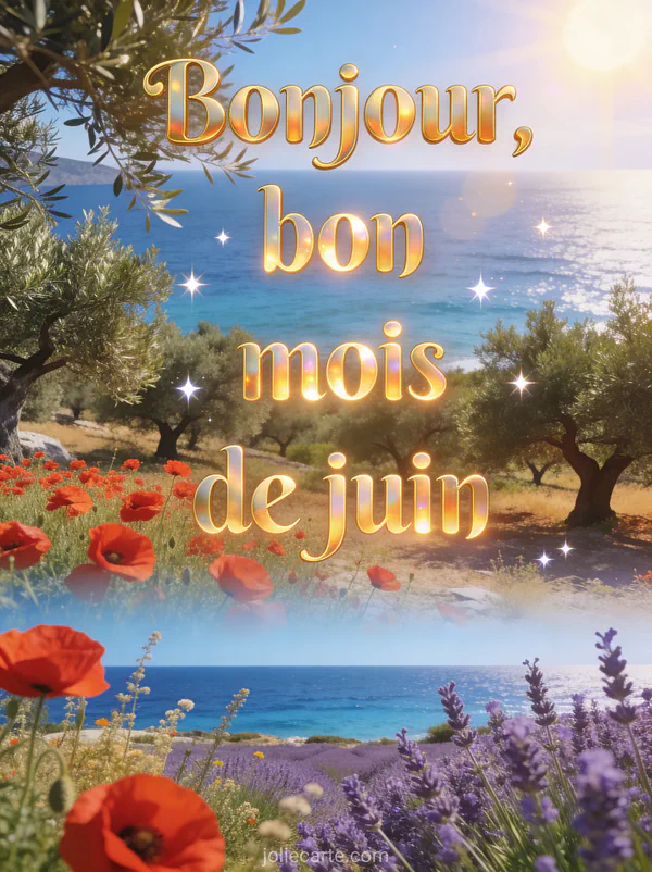 Oliveraie en Grèce avec coquelicots rouges et vue sur la mer bleue, lavande et herbes de Provence sous un soleil éclatant avec le texte Bonjour bon mois de juin