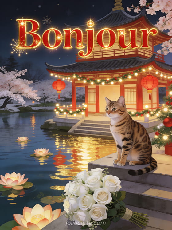 Chat bengal assis sur les marches d'une pagode au bord d'un lac avec roses blanches, lanternes rouges et guirlandes de Noël