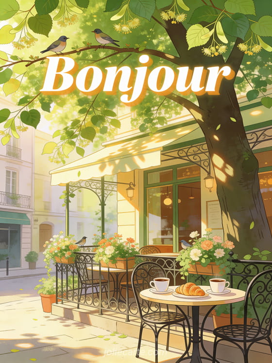 Terrasse de café fleurie ombragée par un grand tilleul, tables en fer forgé avec tasses de café et croissants, lumière du matin dorée avec le texte Bonjour