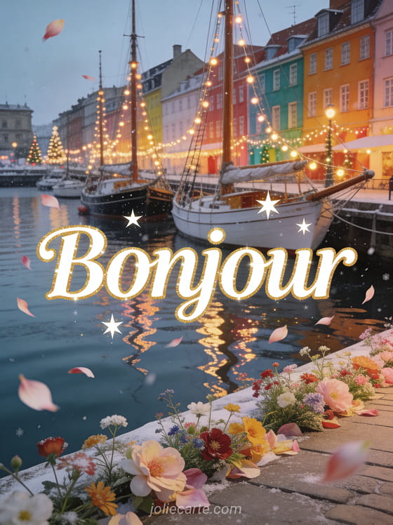 Vieux port pittoresque avec voiliers et façades colorées, fleurs des champs et lumières de Noël sur les mâts avec le texte Bonjour