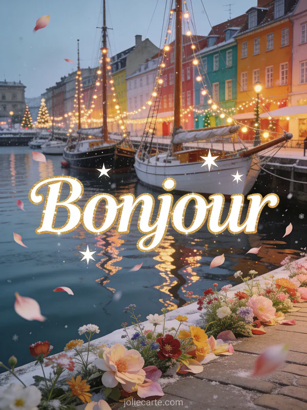 Vieux port pittoresque avec voiliers et façades colorées, fleurs des champs et lumières de Noël sur les mâts avec le texte Bonjour