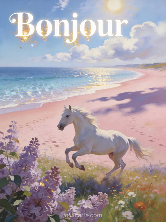 Plage rose pastel avec mer cristalline, cheval blanc galopant dans un pré fleuri, lilas en fleurs et ciel lumineux avec le texte Bonjour