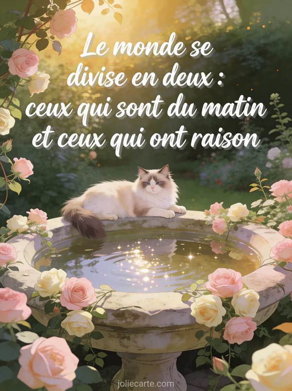 Fontaine ancienne entourée de roses anciennes dans un jardin secret, chat ragdoll nonchalant au bord de la fontaine avec lumière dorée et le texte humoristique