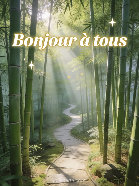 Forêt de bambous au Japon avec tiges vertes majestueuses, rayons de lumière filtrant à travers le feuillage et chemin sinueux avec le texte Bonjour à tous