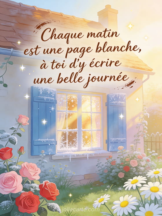 Maison de campagne aux volets bleus avec jardin fleuri de roses et marguerites, givre scintillant sur les vitres au soleil du matin