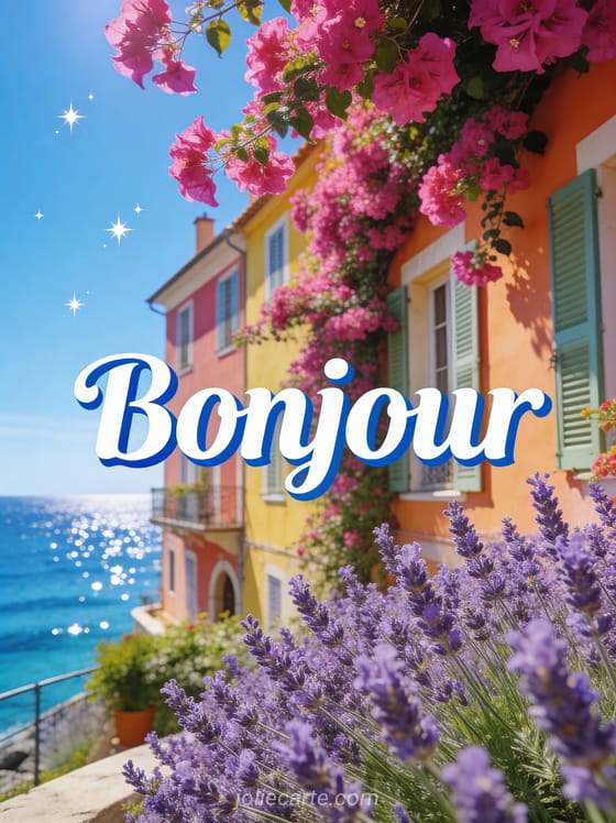 Côte amalfitaine avec bougainvilliers fuchsia en cascade sur les façades colorées, lavande au premier plan et mer bleue scintillante avec le texte Bonjour