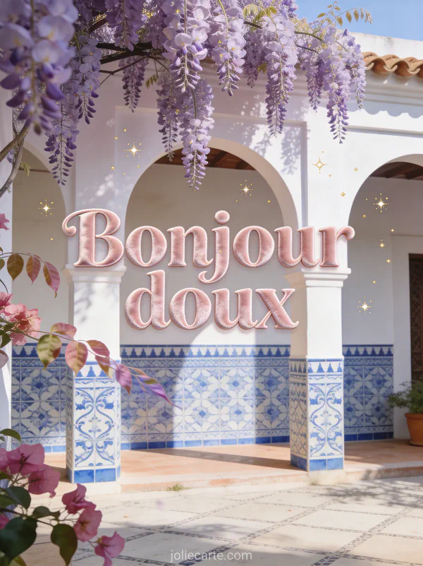 Patio andalou avec azulejos bleus et blancs, glycine mauve en cascade, bougainvilliers dans le vent et scintillements dorés avec le texte Bonjour doux