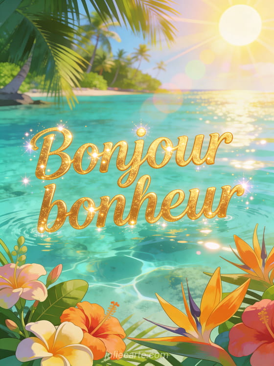 Lagune polynésienne turquoise scintillante avec palmiers verts et fleurs tropicales colorées sous un soleil radieux avec le texte Bonjour bonheur