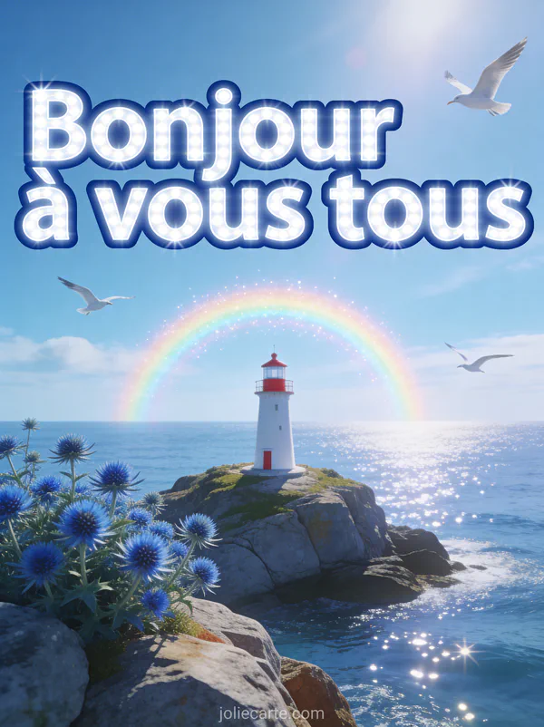 Îlot rocheux avec petit phare blanc et rouge, arc-en-ciel lumineux, chardons bleus sur les rochers et mouettes planant dans un ciel radieux avec le texte Bonjour à vous tous