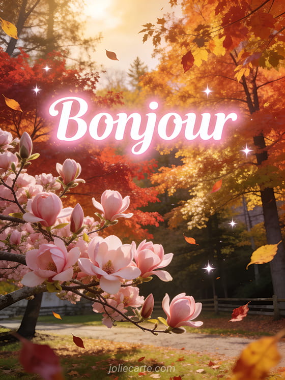 Paysage de Nouvelle-Angleterre en automne avec feuillages rouges orangés et dorés, amandier en fleurs roses et feuilles colorées tombant avec le texte Bonjour