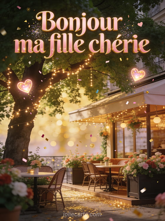 Terrasse de café fleurie ombragée par un tilleul avec guirlandes lumineuses, cœurs lumineux et confettis dorés avec le texte Bonjour ma fille chérie