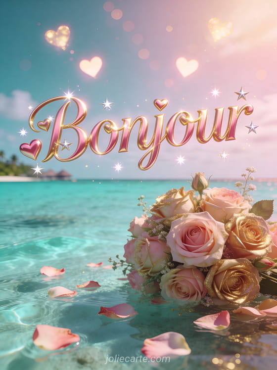 Lagune polynésienne turquoise avec roses anciennes en bouquet luxueux, pétales flottant sur l'eau, cœurs lumineux dans le ciel et bokeh rose doré avec le texte Bonjour
