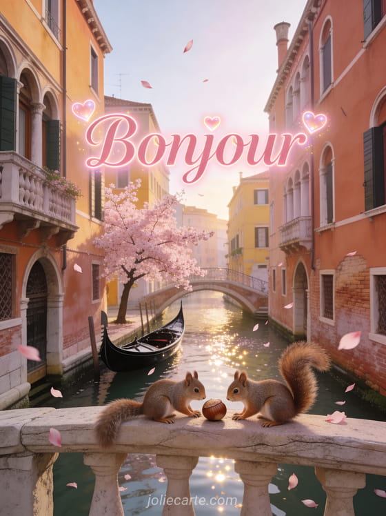 Canal vénitien avec gondole noire et façades colorées, deux écureuils sur un pont en pierre et cerisier en fleurs avec le texte Bonjour