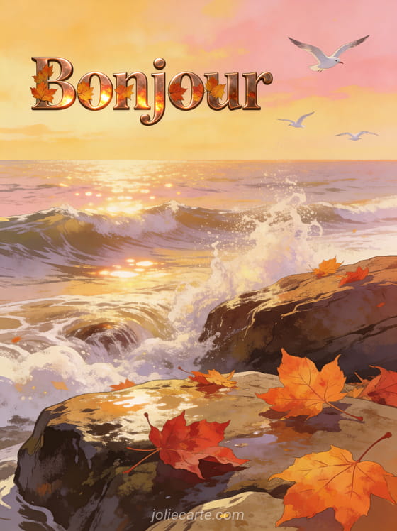 Bord de mer avec vagues écumantes et rochers patinés, feuilles d'automne orangées et rouges, lumière cuivrée de fin de journée et ciel ambré avec le texte Bonjour