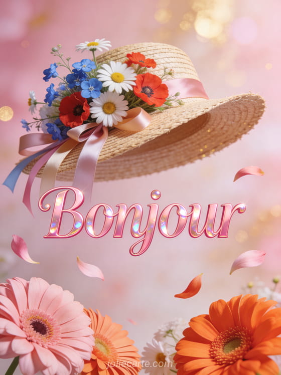 Chapeau de paille vintage avec bouquet champêtre de marguerites, bleuets et coquelicots, gerberas roses et pétales qui s'envolent avec le texte Bonjour