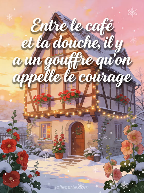 Maison à colombages fleurie de géraniums rouges et roses trémières, lumière chaude dorée et guirlandes lumineuses avec le texte humoristique sur le café et la douche