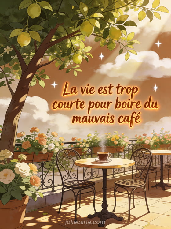 Terrasse de café fleurie sous un tilleul avec tables en fer forgé, tasses de café fumantes et rayons de soleil perçant les nuages