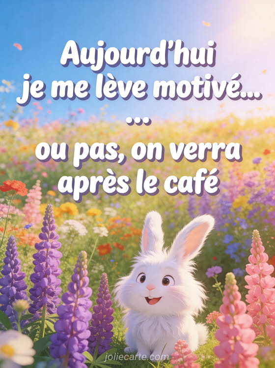 Champ de fleurs sauvages multicolores sous ciel bleu, lapin angora blanc avec expression comique parmi les lupins violets et roses avec le texte humoristique